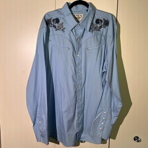 NWOT Wrangler Light Blue Western Shirt Black Floral Embroidery & Pearl Snaps XL